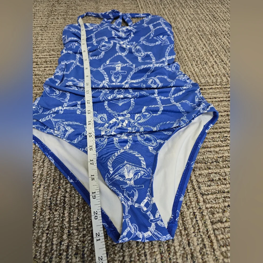 J. McLaughlin Blue Miki Halter Open Back One-Piece Halter Swimsuit Womens 6 EUC